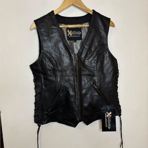 NWT Xelement black leather motorcycle vest side tie